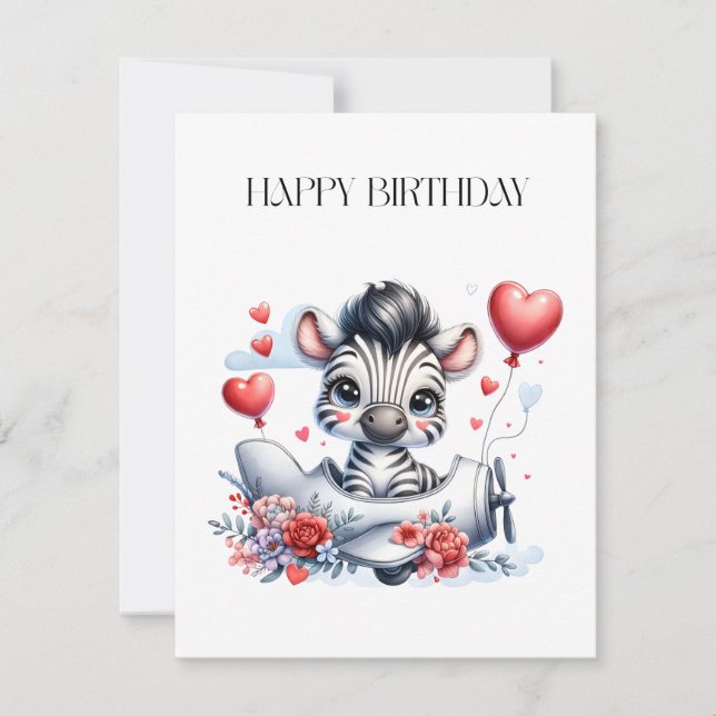 Zebra Plane Birthday Card (Front)