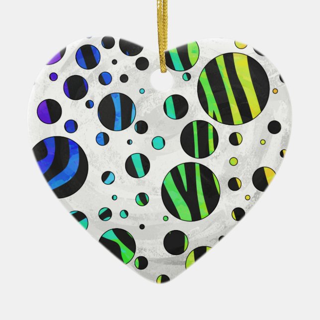 Zebra Polka Dot Black and Rainbow Print Ceramic Tree Decoration (Front)
