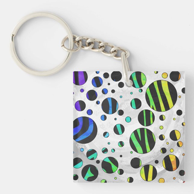 Zebra Polka Dot Black and Rainbow Print Key Ring (Front)