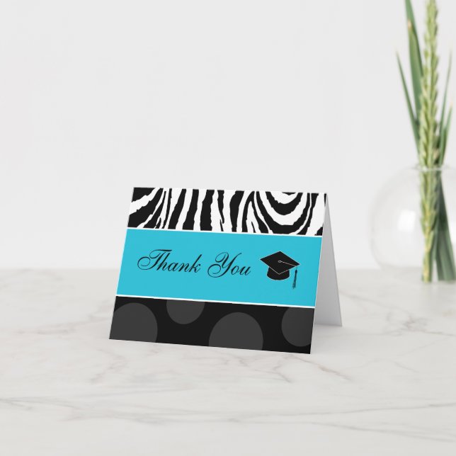 Zebra & Polka Dots Print with Cap: Blue Thank You Card (Front)