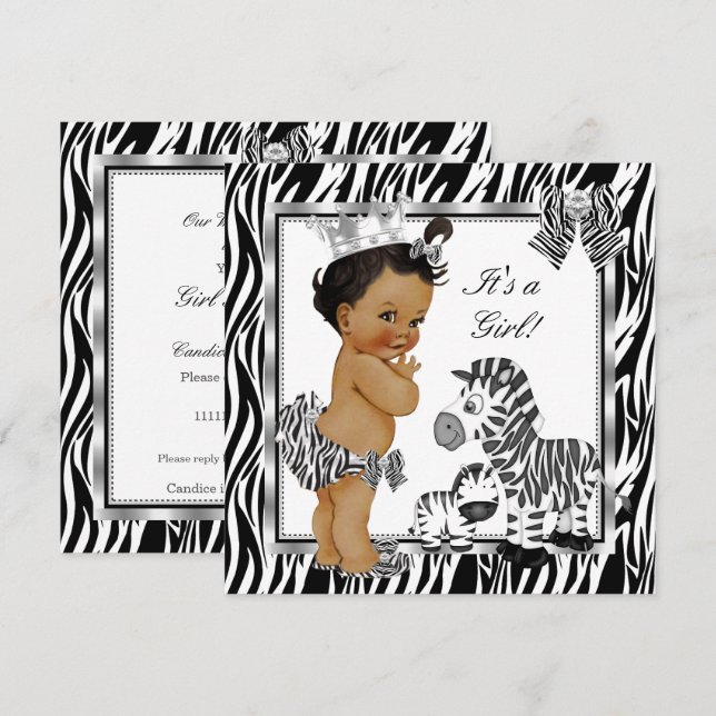 Zebra Princess Girl Baby Shower Ethnic Invitation (Front/Back)