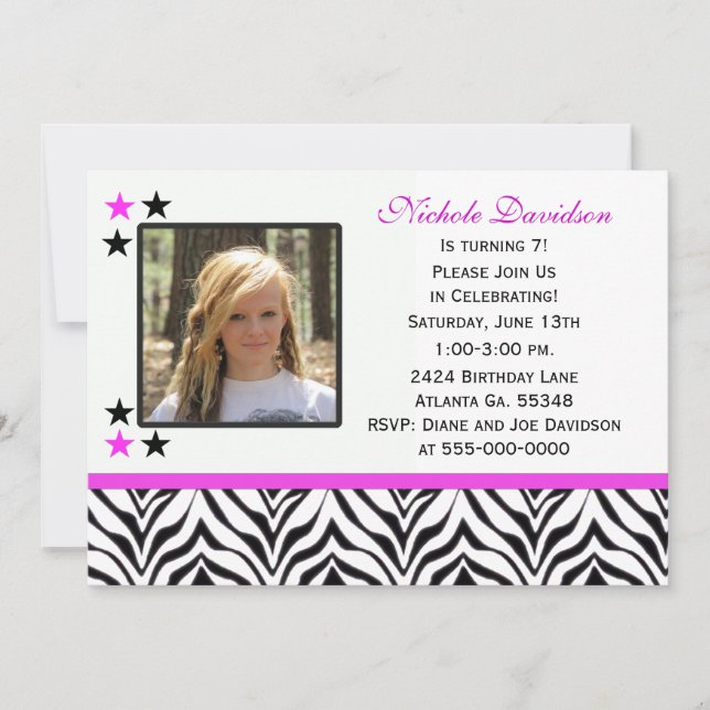 Zebra Print: 7th Birthday Party Invitations (Front)