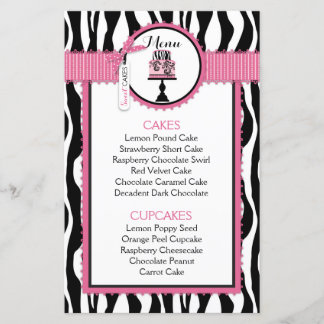 Zebra Print and Cake Bakery Menu Card
