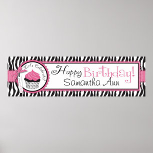 Zebra Print and Cupcake Birthday Banner