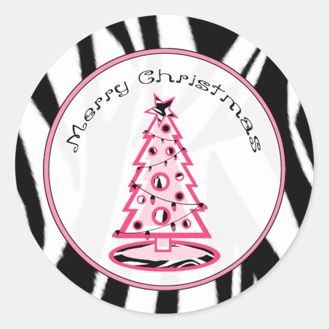 Zebra Print And Pink Christmas Tree Sticker (Front)