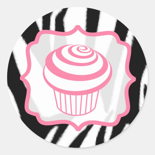 Zebra Print and Pink Cupcake Birthday Sticker (Front)