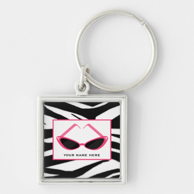 Zebra Print And Retro Pink Sunglasses Key Ring (Front)