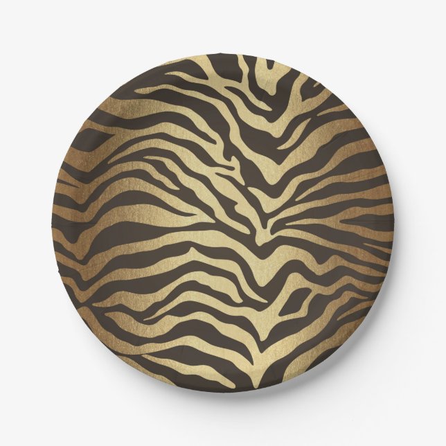 Zebra Print Animal Skin Elegant Modern Glam Gold Paper Plate (Front)