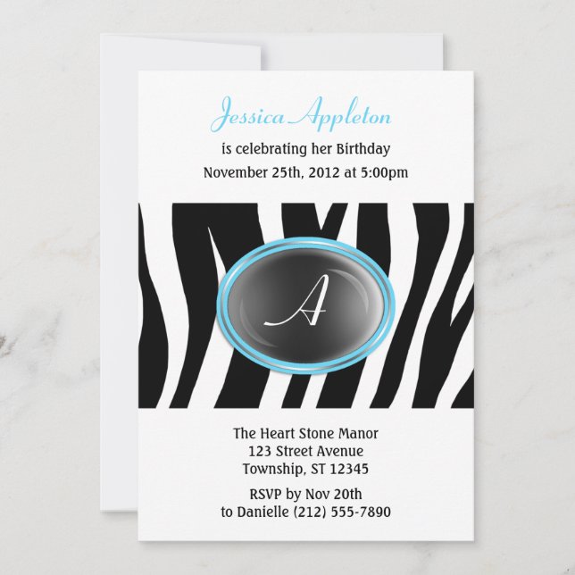 Zebra Print Aqua Blue Glass Monogram Birthday Invitation (Front)