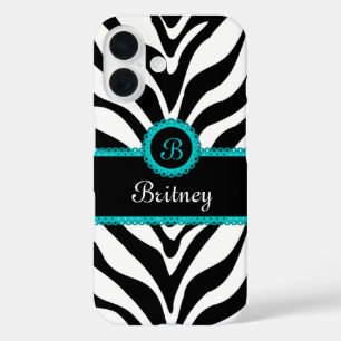 Zebra Print Aqua Lace Monogram iPhone 16 Case
