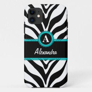 Zebra Print Aqua Lace Monogram Name iPhone 11 Case