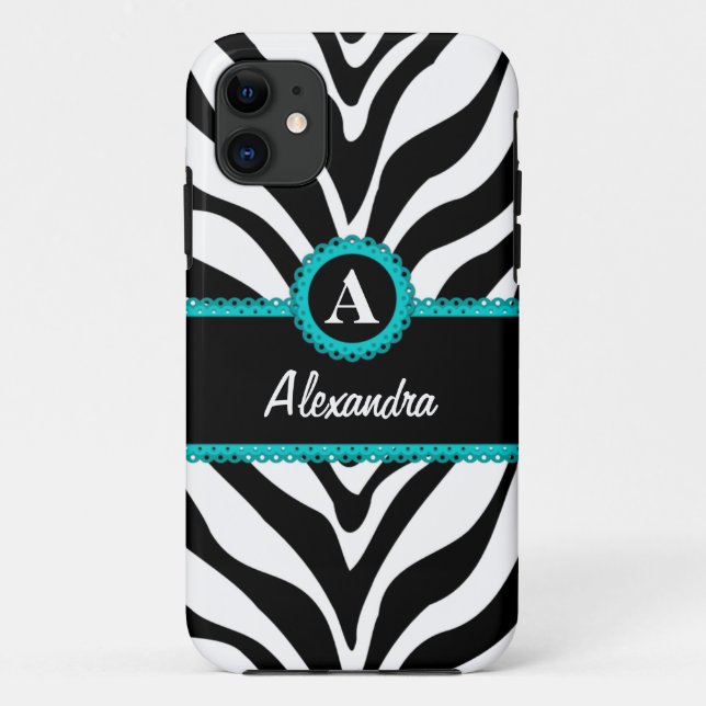 Zebra Print Aqua Lace Monogram Name Case-Mate iPhone Case (Back)