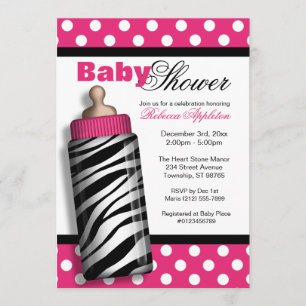 Zebra Print Baby Bottle Hot Pink Baby Shower Invitation