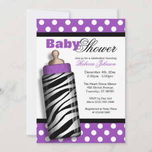 Zebra Print Baby Bottle Purple Baby Shower Invitation