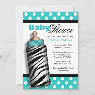 Zebra Print Baby Bottle Turquoise Baby Shower Invitation