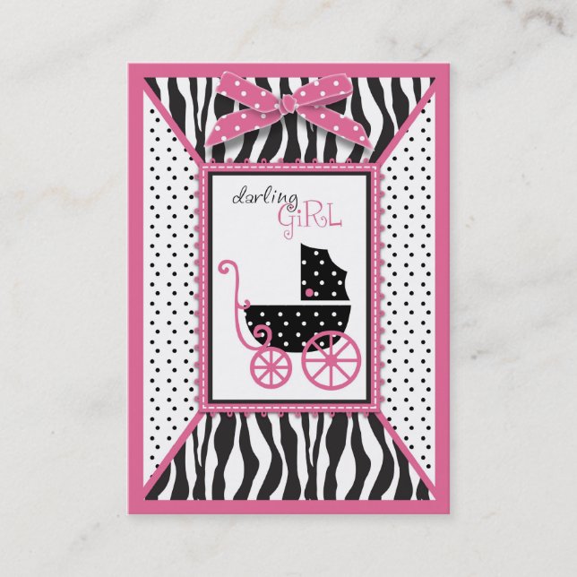 Zebra Print & Baby Carriage Baby Shower Reminder Business Card (Front)