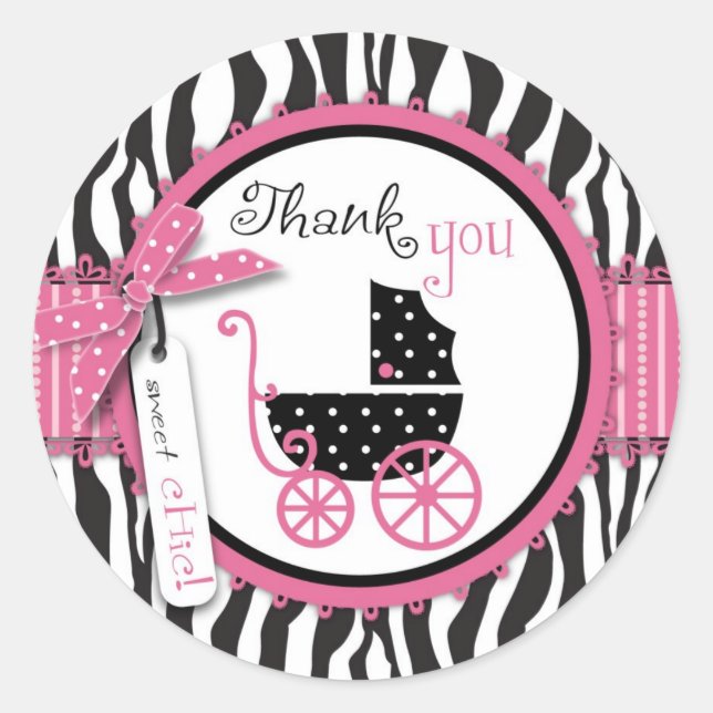 Zebra Print & Baby Carriage Thank You Classic Round Sticker (Front)