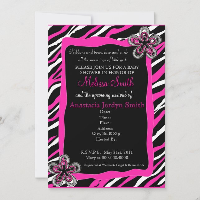Zebra Print Baby Shower Invitation - Hot Pink (Front)