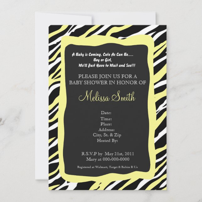Zebra Print Baby Shower Invitation - Yellow (Front)