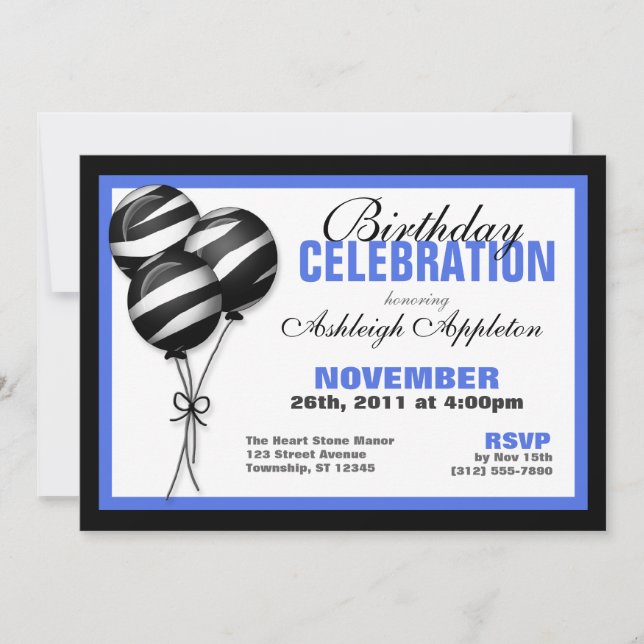 Zebra Print Balloons Blue Birthday Invitations (Front)