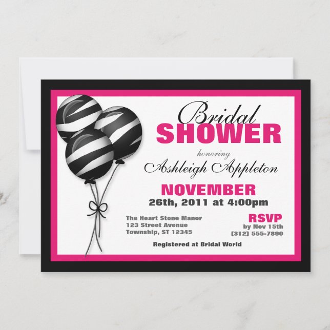 Zebra Print Balloons Fuchsia Bridal Shower Invitation (Front)