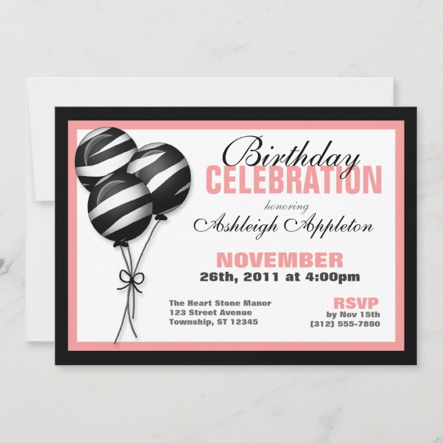 Zebra Print Balloons Pink Birthday Invitations (Front)