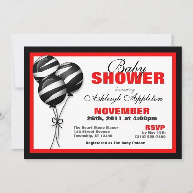 Zebra Print Balloons Red Baby Shower Invitations (Front)