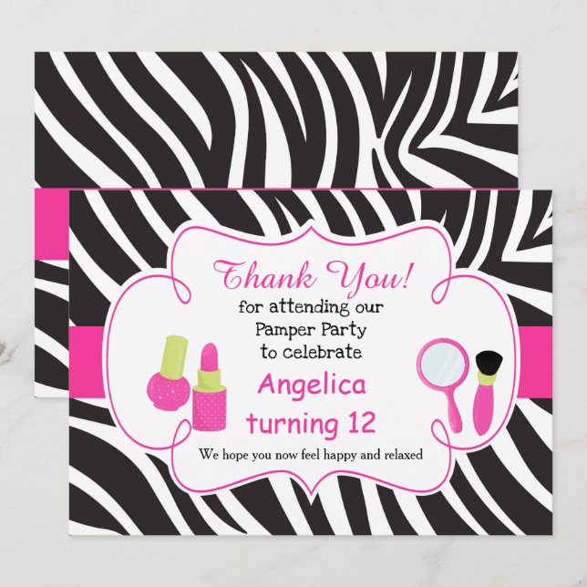 Zebra print birthday Pamper Party Thank You Card (Front/Back)