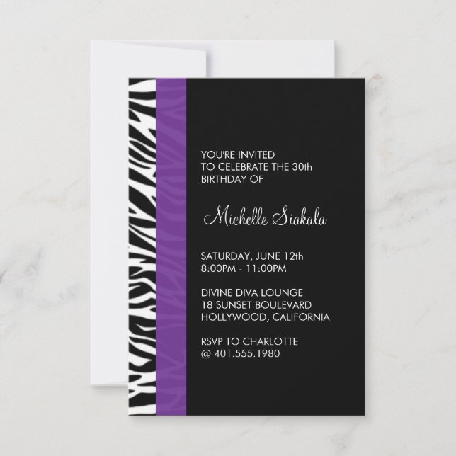zebra print birthday party invitation (Front)