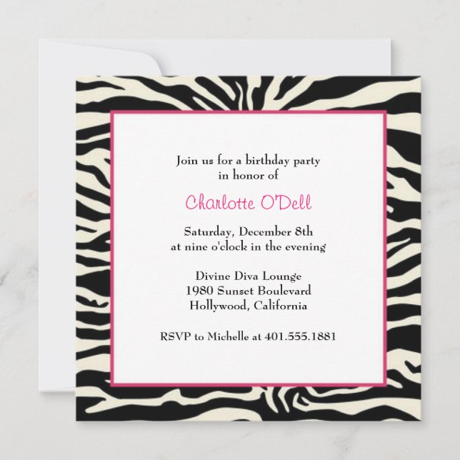 zebra print birthday party invitation (Front)