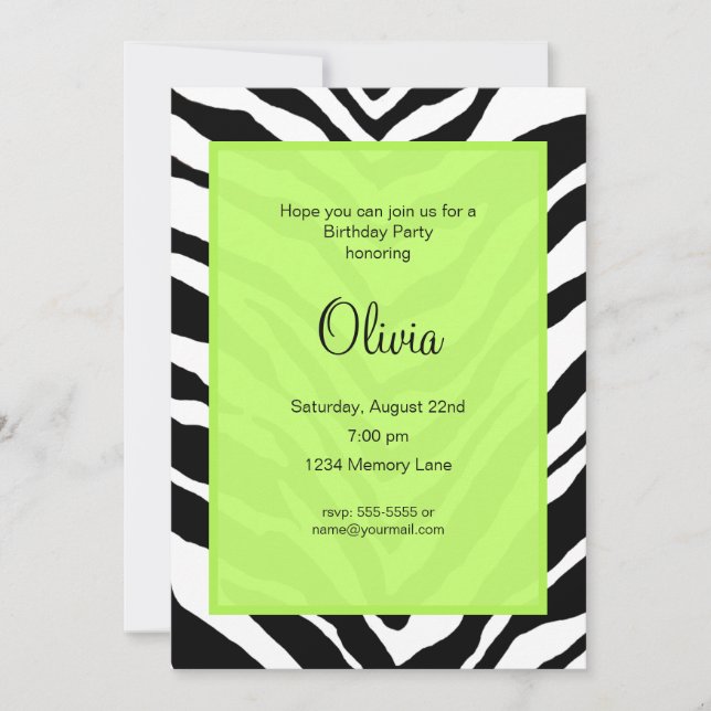 Zebra Print Birthday Party Invitation (Front)