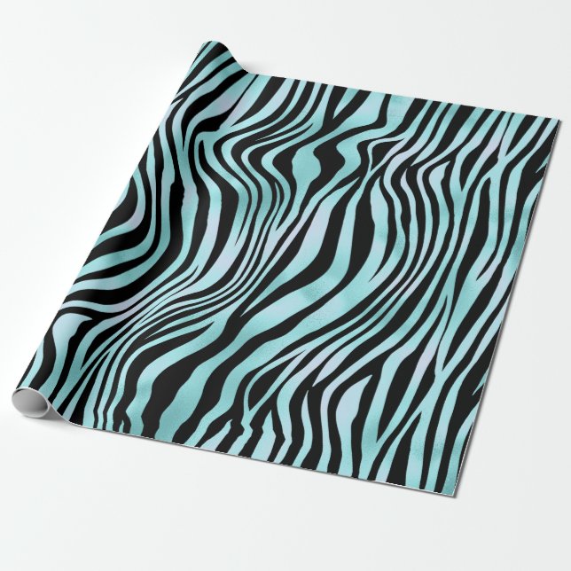 Zebra Print Black and Teal Turquoise Wrapping Paper (Unrolled)