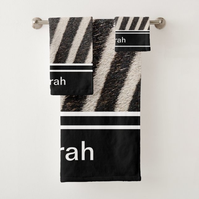 Zebra Print Black and White Pattern Monogram Bath Towel Set (Insitu)