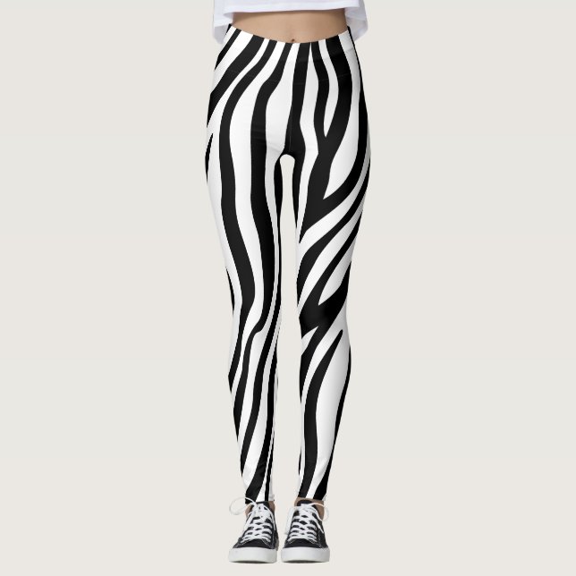 Zebra Print Black And White Stripes Pattern Leggings (Front)