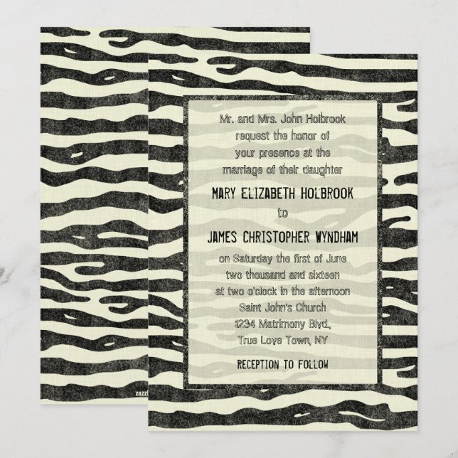 Zebra Print Black Beige Elegant Vintage Wedding Invitation (Front/Back)