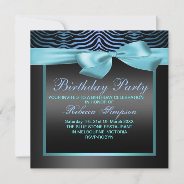 Zebra Print Blue & Black Party Birthday Invitation (Front)