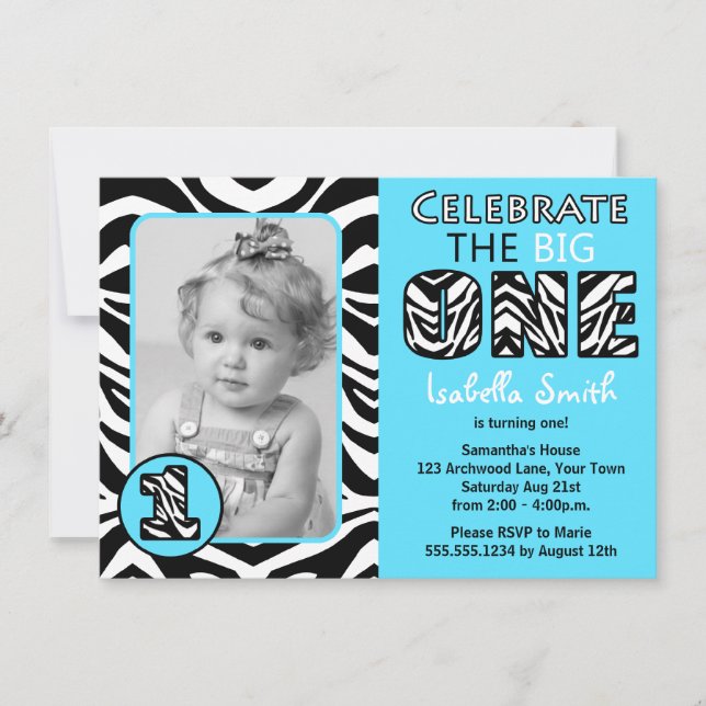 Zebra Print Blue First Birthday Invitation (Front)