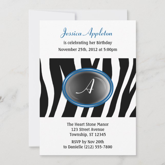 Zebra Print Blue Glass Monogram Birthday Invitation (Front)