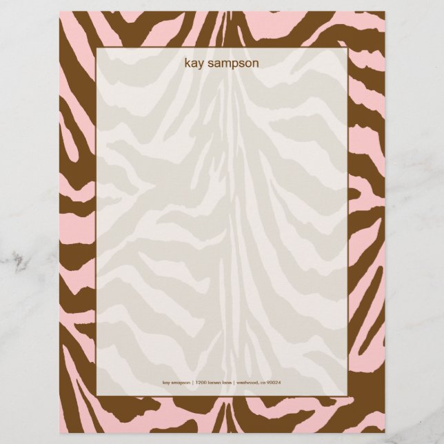 Zebra print, chocolate + pink letterhead template (Front)