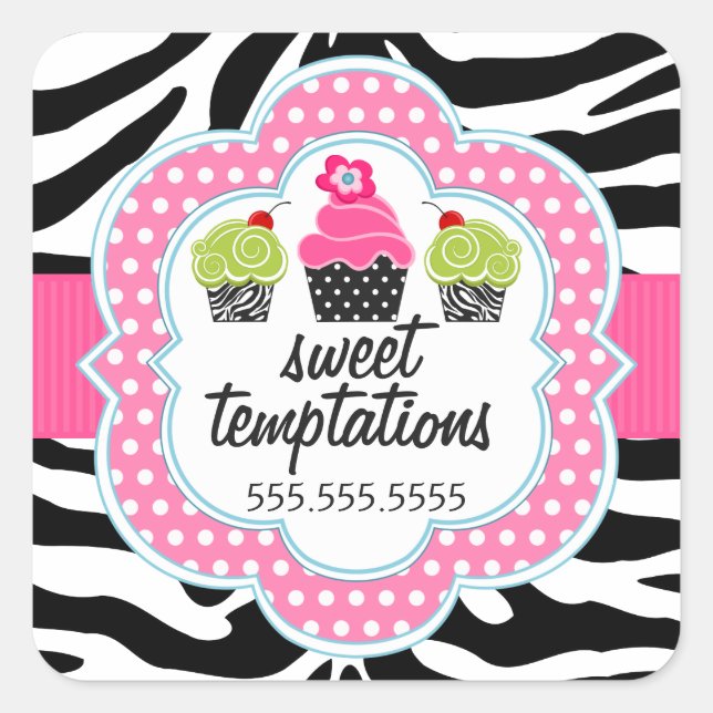 Zebra Print Cupcake Bakery Business Square Sticker (Front)