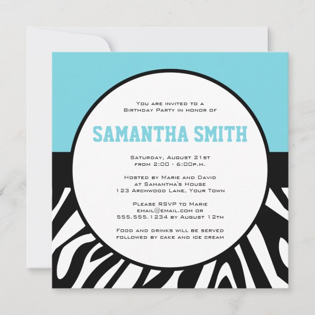 Zebra Print Custom Photo Birthday Party Blue Invitation (Front)