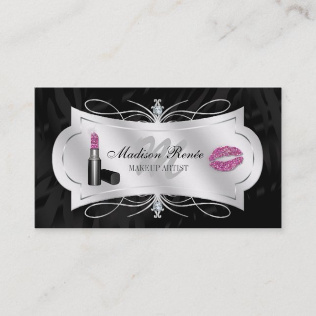 Zebra Print Ebony Glitter Cosmetology Business Card (Front)