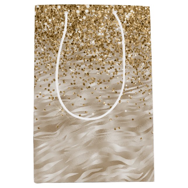 Zebra Print Faux Gold Glitter Medium Gift Bag (Front)