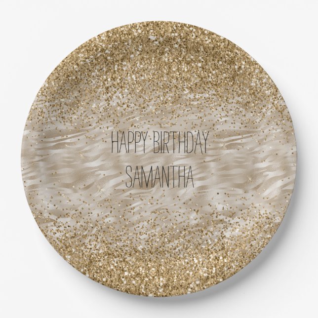 Zebra Print Faux Gold Glitter Paper Plate (Front)