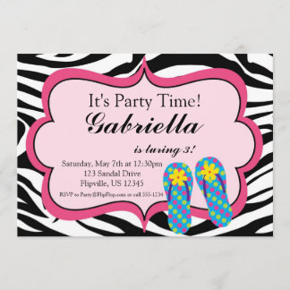 Zebra Print Flip Flop Birthday Party Invitation