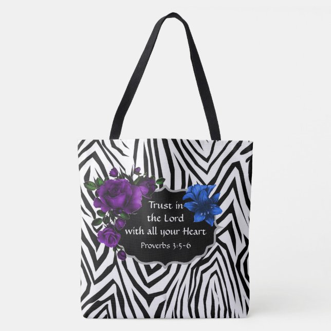 Zebra Print Floral Design Tote Proverbs 3:5-6 Bag (Front)