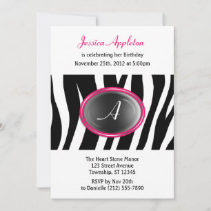 Zebra Print Fuchsia Glass Monogram Birthday Invitation