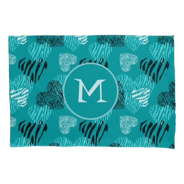 Zebra Print Hearts Teal White Monogram  Pillowcase (Front)