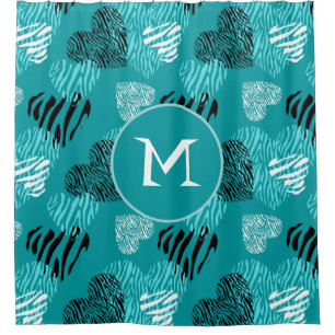 Zebra Print Hearts Teal White Monogram Shower Curtain