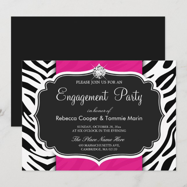 Zebra Print Hot Pink Diamond Engagement Party Invitation (Front/Back)